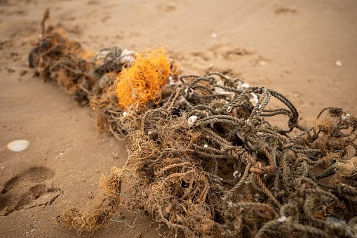 discarded fishing net washed up on the beach dander to marine life