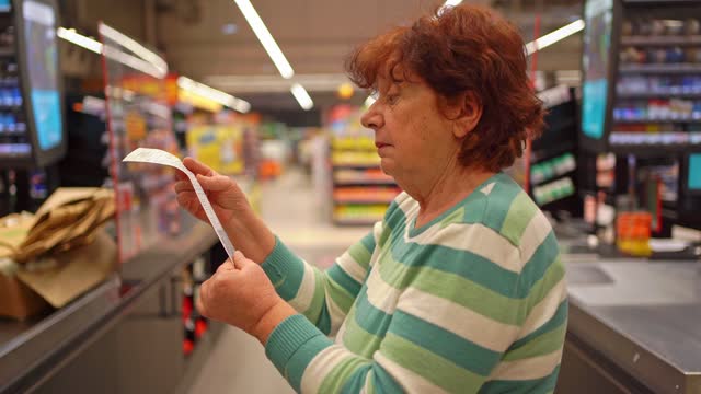 Senior Woman looking on grocery prices on the bill