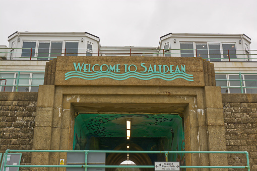 Pedestrian underpass and cafe buildings on the seafront at Saltdean near Brighton in East Sussex, England. 1930's Art Deco design.