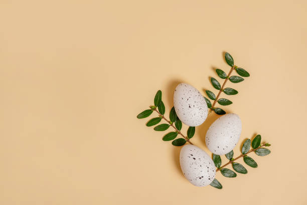 istock Easter eggs and green branches on beige background with copy space 1464208579