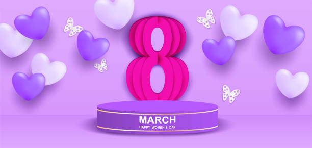 istock 8 march. Happy Woman's Day theme product display podium. Design with heart and butterflies on purple background. paper art. Vector. 1464209702