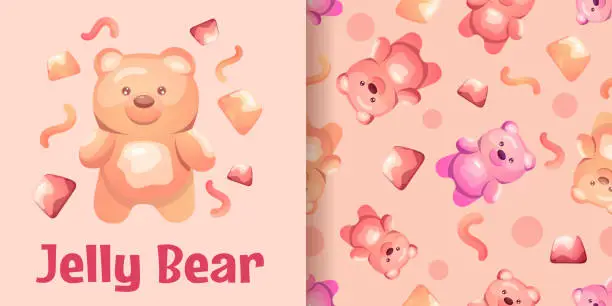 Vector illustration of Jelly Bear Seamless Pattern in pink colors for Saint Valentine's day decor or wrapping paper with various Teddy, worms, candies and sweets. Vector illustration