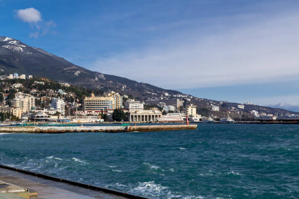 Gurzuf, Crimea - February 6 2023: Embankment in Yalta, Crimea.