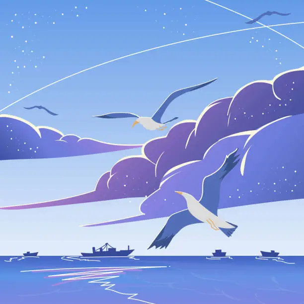 Vector illustration of The landscape of seagull and ocean. Vector illustration.