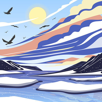 The landscape of icebergs and ocean. Vector illustration.