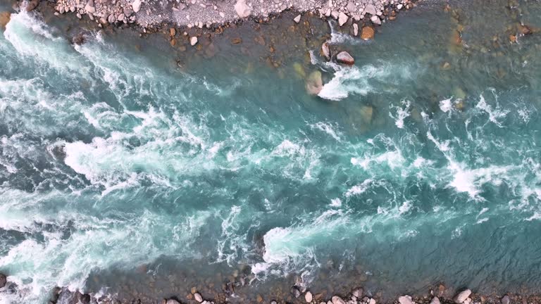 Autumn Scenic aerial drone view Gilgit river in Karakoram Range in Himalayas mountains along Karakoram Highway. Gupis Province Northern Pakistan