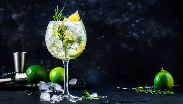 Gin tonic cocktail with dry gin, rosemary, tonic, lime and ice cubes in wine glass. Black bar counter background, bar tools, copy space stock photo