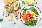 Set of diet food, salmon, avocado, cheese, egg, spinach and nuts on a light background. banner, menu, recipe place for text, top view