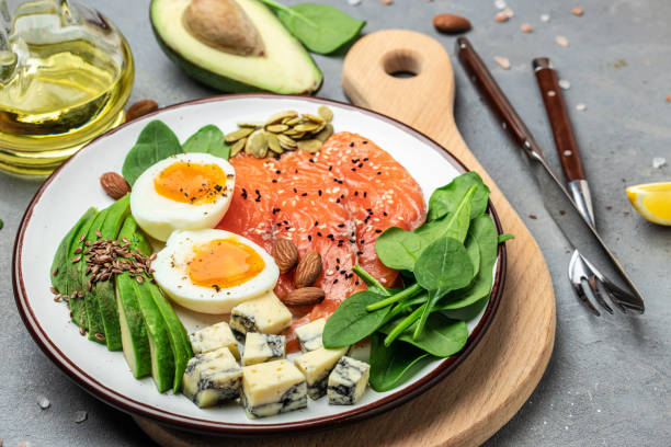 istock Set of diet food, salmon, avocado, cheese, egg, spinach and nuts on a light background. banner, menu, recipe place for text, top view 1464226071