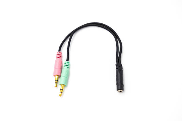 istock Extension cable from headphones with microphone input isolated on a white background 1464226731