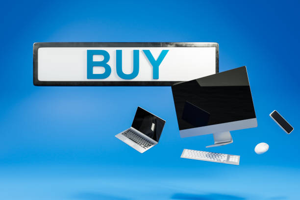 floating search box with buy office computer and electronic offer discount; blue background;  online ecommerce concept; 3D Illustration