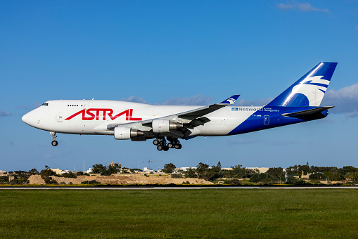 Luqa, Malta - February 5, 2023: Astral Aviation (Air Atlanta Icelandic) Boeing 747-4H6(BDSF) (Reg.: TF-AMM) arriving on a sunny afternoon, runway 31.