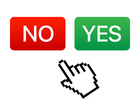 Mouse pointer hand choosing between YES and NO answer buttons, vector illustration.
