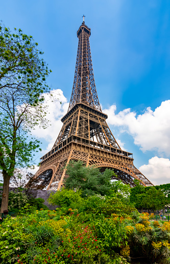 The Eiffel Tower with blue sky. Paris, France.