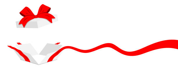istock Open white gift box with wavy red ribbon line, isolated on background. Flat style vector banner 1464231711
