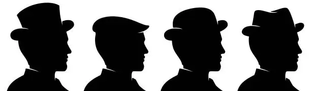 Vector illustration of Classic man silhouette with different style hats, vector illustration