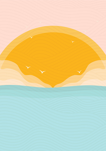 Minimalistic modern ocean side and sunset print. Ocean wave and birds aesthetic landscape. Skyline, wave vector illustration