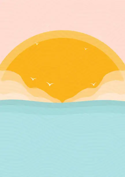 Vector illustration of Minimalistic modern ocean side and sunset print. Ocean wave and birds aesthetic landscape.