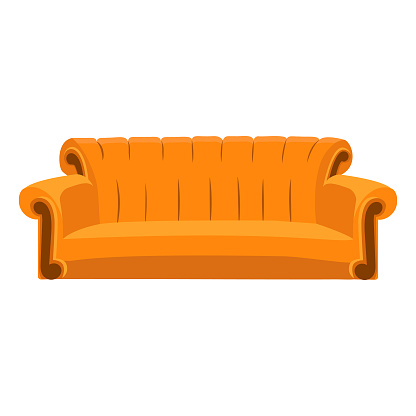 Orange sofa from Central Perk, soft settee for home. Cozy interior of a cafe, lounge, friends, family evening. TV series, sitcom. Stock vector illustration on white background.