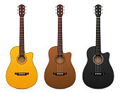 Vector set of different color classical acoustic guitars, isolated on a white background