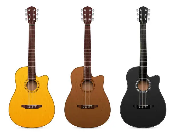 Vector illustration of Vector set of different color classical acoustic guitars, isolated on a white background