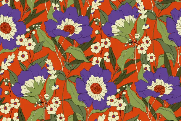 Vector illustration of Seamless floral pattern with wild vintage garden: large botany on orange background. Vector.