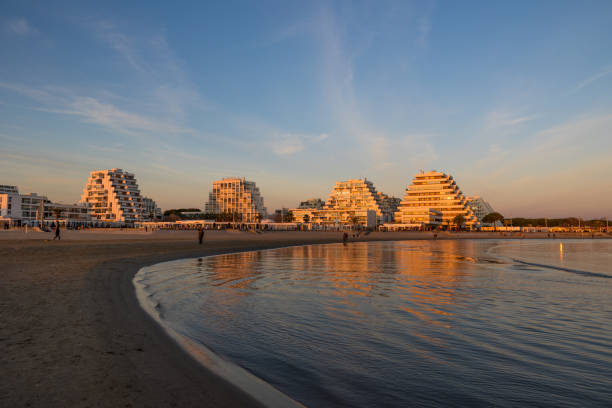 Pyramids of La Grande-Motte at sunset, on the seafront