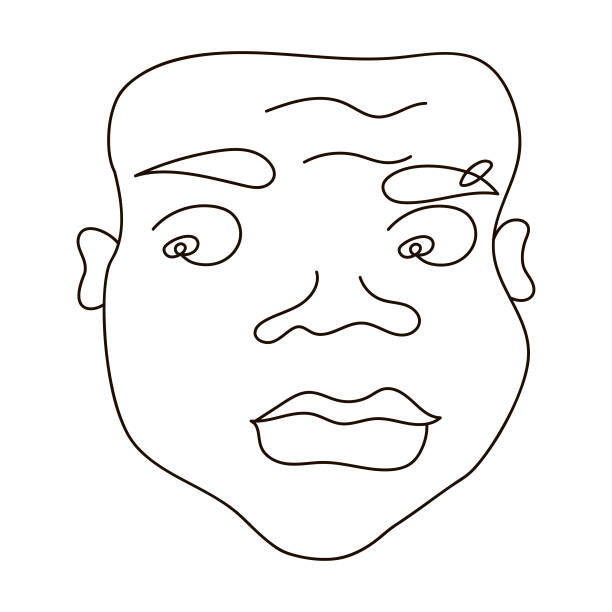 The head of an African man, big lips, an earring in the eyebrow, a wide nose. The head of an African man, big lips, an earring in the eyebrow, a wide nose. Male face in one line on a white background. Vector cartoon character, isolated. Portrait of a man, emotions, character. sad african child drawings stock illustrations