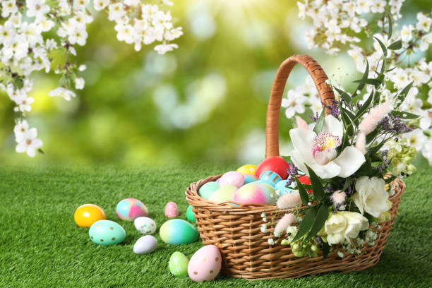 istock Wicker basket with Easter eggs and beautiful flowers on green grass outdoors, space for text 1464236745
