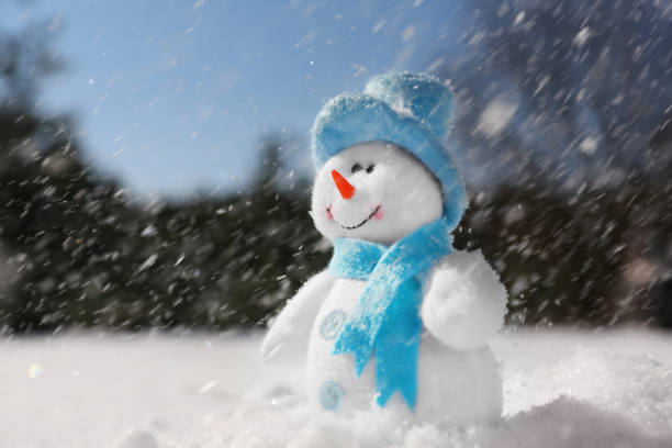 istock Cute small decorative snowman outdoors on winter day, space for text 1464236781