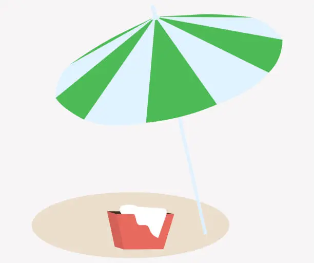 Vector illustration of Beach umbrella green and white and basket for towels. Symbol of holiday by sea on sandy shore