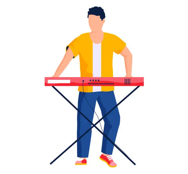 Vector illustration of Man playing digital piano isolated flat cartoon piano player. Male musician playing synthesizer