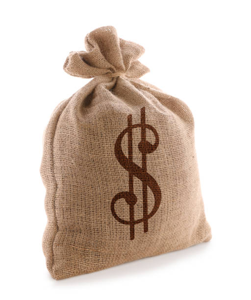 istock Burlap bag with dollar sign on white background 1464237513