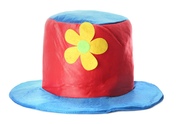 istock Funny red hat with flower isolated on white. Clown's accessory 1464237572
