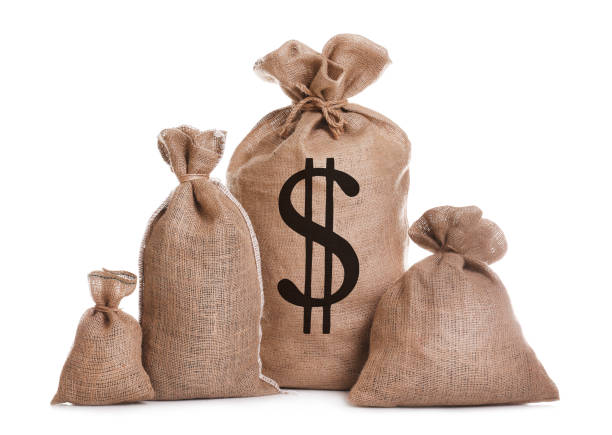 istock Burlap bags and one with dollar sign on white background 1464237666