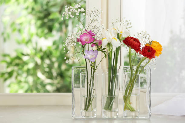 istock Beautiful fresh flowers on window sill indoors. Space for text 1464238863
