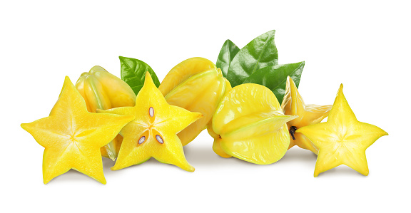 Delicious ripe carambola fruits on white background, banner design