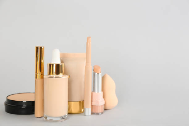 istock Foundation makeup products on light background, space for text. Decorative cosmetics 1464240375