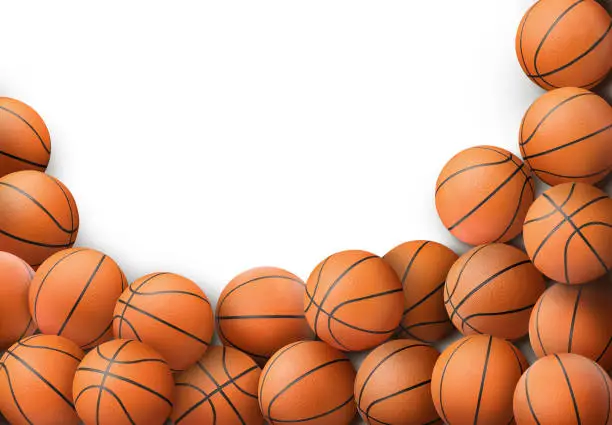 Photo of Many orange basketball balls on white background