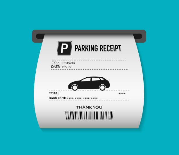 Parking ticket for car. Paper receipt in pay machine on exit. Pos terminal before barrier, for payment of bill or tax. Icon of invoice for park zone. Vector Parking ticket for car. Paper receipt in pay machine on exit. Pos terminal before barrier, for payment of bill or tax. Icon of invoice for park zone. Vector. traffic ticket stock illustrations