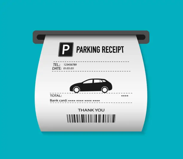 Vector illustration of Parking ticket for car. Paper receipt in pay machine on exit. Pos terminal before barrier, for payment of bill or tax. Icon of invoice for park zone. Vector