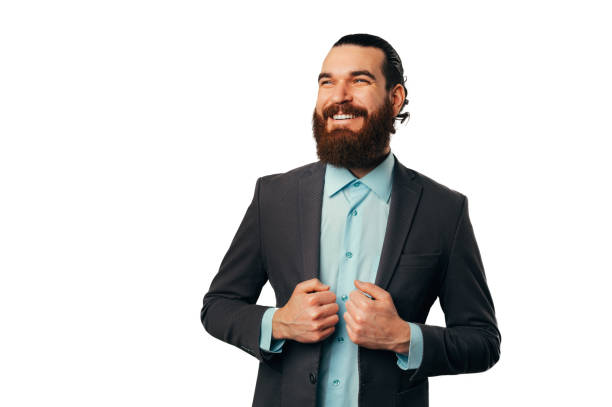 istock Handsome bearded smiling man wearing jacket is looking up like a super hero. 1464244171