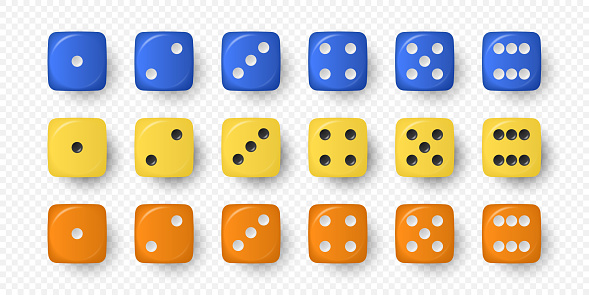 Vector 3d Realistic Blue, Yellow and Orange Game Dice Icon Set Closeup Isolated on White Background. Game Cubes for Gambling, Casino Dices From One to Six Dots, Round Edges.
