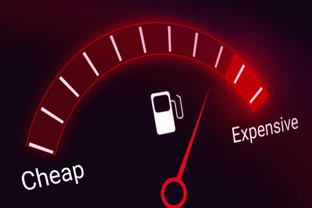 istock Cheap vs expensive fuel price background with meter and needle. Modern fuel and gasoline price meter in car fuel gage style 1464245430