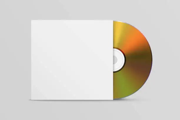 Vector illustration of Vector Realistic Yellow CD, DVD with Paper or Plastic Square Cover, Envelope, Case Icon Closeup Isolated on White Background. CD Box, Packaging Design for Mockup. Golden Compact Disk Icon, Front View