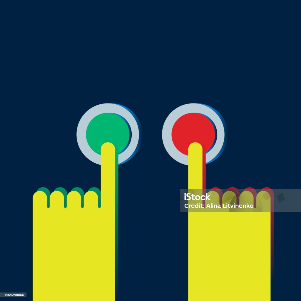 Decider Button Man Hand With Decision Button To Push Pressing Red Buttonhands With Two ...