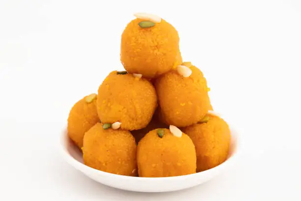 Indian Mithai Motichoor Boondi Laddu Made Of Gram Flour Besan In Desi Ghee Or Clarified Butter. Festive Food For Deepavali, Rakshabandhan, Navratri, Dussehra, Vijyadashmi, Diwali, Deepavali, Holi