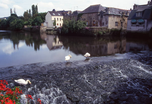 Landerneau, Brittany, France - aug 7, 1997: view of the Élorn River in the French town of Landerneau, in Finistère