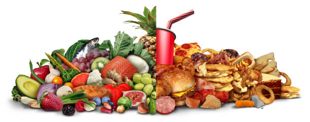 Unhealthy Foods And Healthy Food Unhealthy Foods high in saturated fats and cholesterol as greasy fried snacks contrasted with Healthy green Food as fresh whole vegetables and fruit with fish as a health  and nutrition symbol with 3D illustration elements. ready to eat stock pictures, royalty-free photos & images