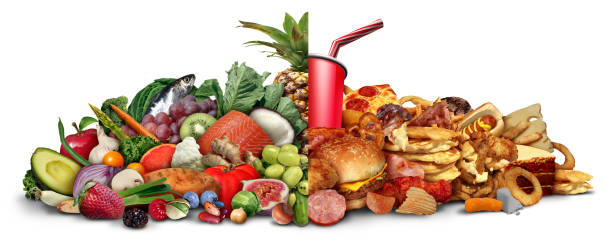 Unhealthy Foods And Healthy Food Unhealthy Foods high in saturated fats and cholesterol as greasy fried snacks contrasted with Healthy green Food as fresh whole vegetables and fruit with fish as a health and nutrition symbol with 3D illustration elements. convenience food stock pictures, royalty-free photos & images